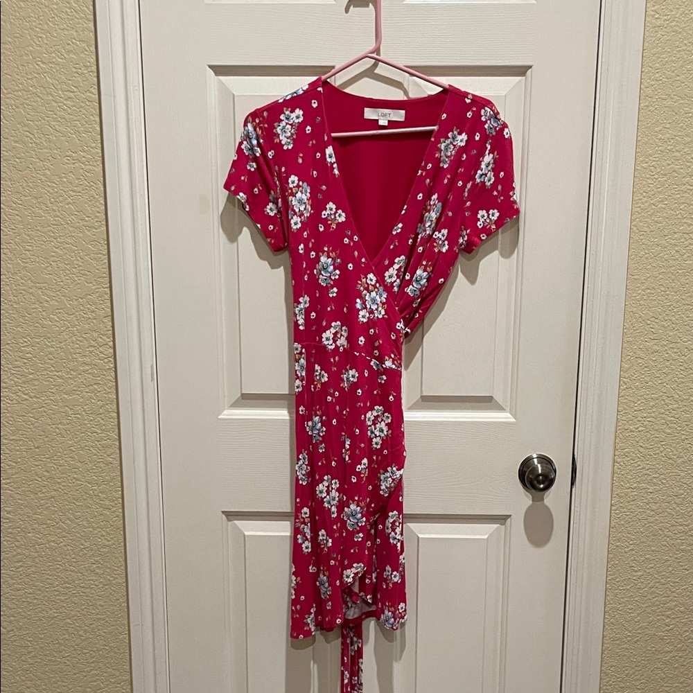 LOFT Pink Floral Wrap Midi Dress